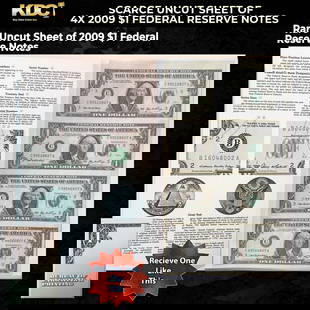 Scarce Uncut Sheet of 4x 2009 $1 Federal Reserve Notes In BeP Folder: Scarce Uncut Sheet of 4x 2009 $1 Federal Reserve Notes In BeP Folder.