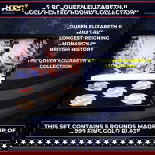 5 Coin Queen Elizabeth II Gold Plated Round Collection A: 5 Coin Queen Elizabeth II Gold Plated Round Collection A. 5 Pc. Queen Elizabeth II Gold Plated Round Collection. This set contains 5 rounds made up of .999 Fine Gold Plate from The Queen Elizabeth II