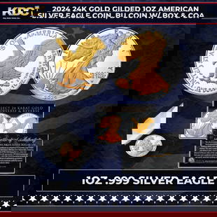 2024 24K Gold Gilded 1oz American Silver Eagle Coin, BU Coin w/ Box & COA Other Toy: 2024 24K Gold Gilded 1oz American Silver Eagle Coin, BU Coin w/ Box & COA. Seize this opportunity to acquire this Gold Gilded 2024 American Silver Eagle Dollar U.S. Coin. To enhance the original desig