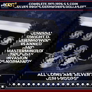 Complete 1971-1976-s 5 Coin Silver Proof Eisenhower Dollar Set: Complete 1971-1976-s 5 Coin Silver Proof Eisenhower Dollar Set. Recall one of America's greatest military leaders with this complete 1971-1976 set of all five silver clad Uncirculated Eisenhower dolla