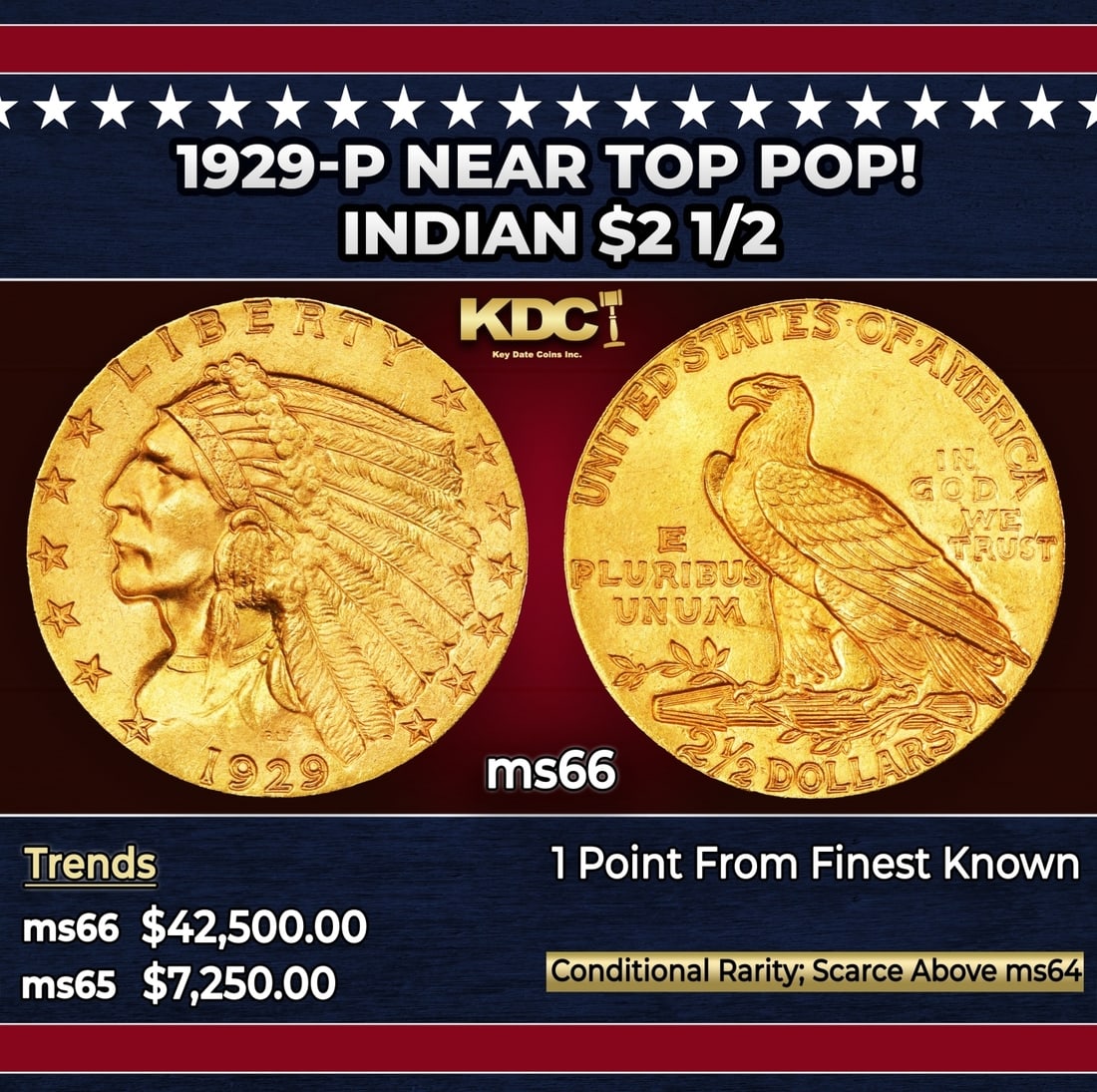 1929-p Gold Indian Quarter Eagle Near Top Pop! $2 1/2 ms66 SEGS: 1929-p Near Top Pop! Gold Indian Quarter Eagle $2 1/2 ms66 SEGS. Per David Akers Of PCGS "This is an unusual issue in that it is easy to find in MS-63 or lower condition but surprisingly difficult to