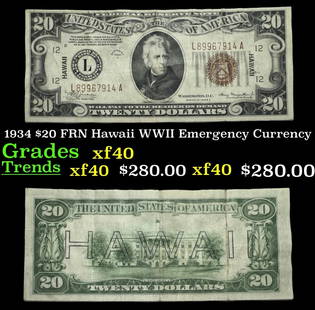 1934 $20 FRN Hawaii WWII Emergency Currency Grades xf: 1934 $20 FRN Hawaii WWII Emergency Currency Grades xf. FR-2304 out of 65 Million Hawaii Notes Printed Only about 16% were $20 Hawaii's. It was the darkest days of World War II, just after Pearl Harbor