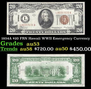 1934A $20 FRN Hawaii WWII Emergency Currency Grades Select AU: 1934A $20 FRN Hawaii WWII Emergency Currency Grades Select AU. FR-2305 out of 65 Million Hawaii Notes Printed Only about 16% were $20 Hawaii's. It was the darkest days of World War II, just after Pear