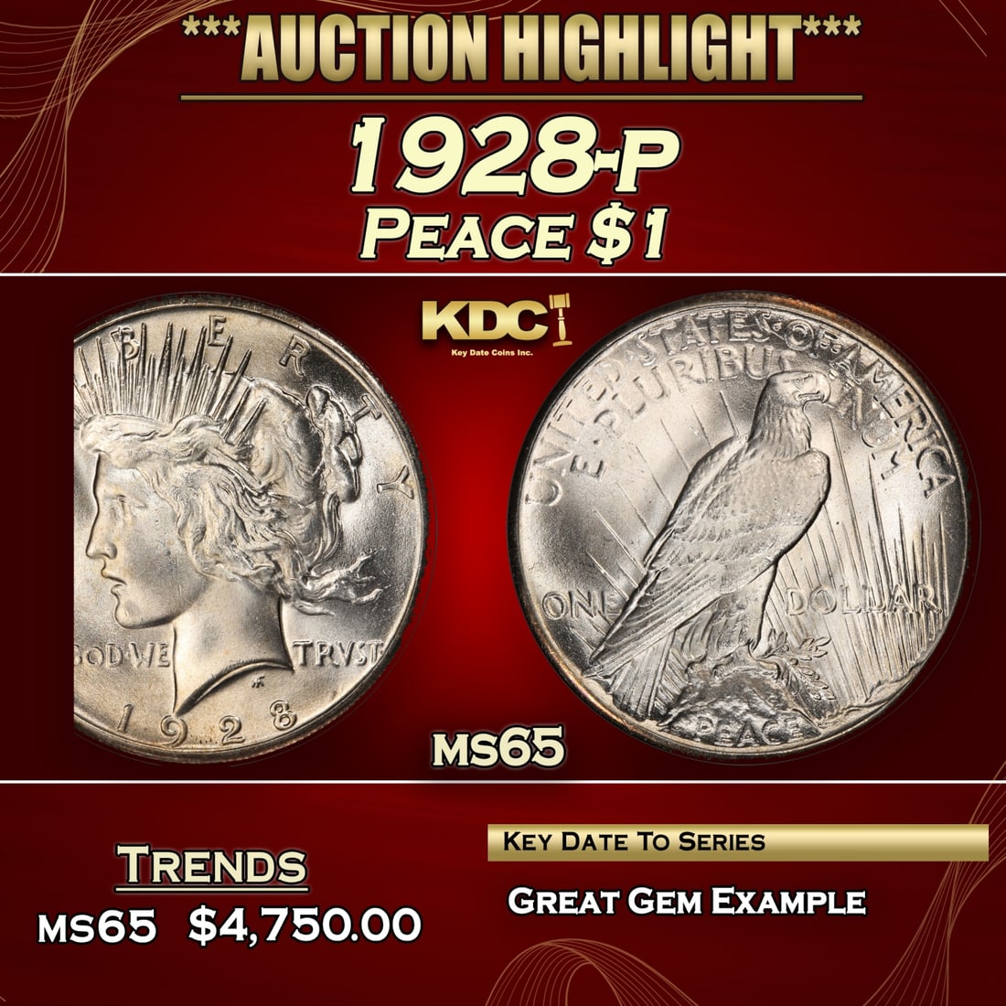 1928-p Peace Dollar $1 ms65 SEGS (1 of 3)