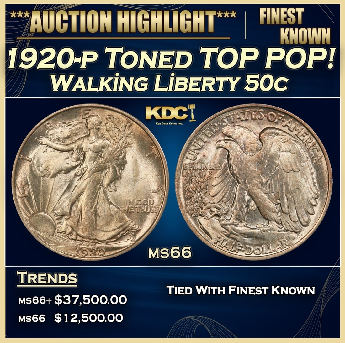 1920-p Walking Liberty Half Dollar Toned TOP POP! 50c ms66 SEGS (1 of 3)