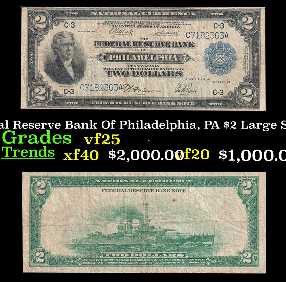 1918 $2 Large Size National Currency "Battleship" The Federal Reserve Bank Of Philadelphia, PA (1 of 3)
