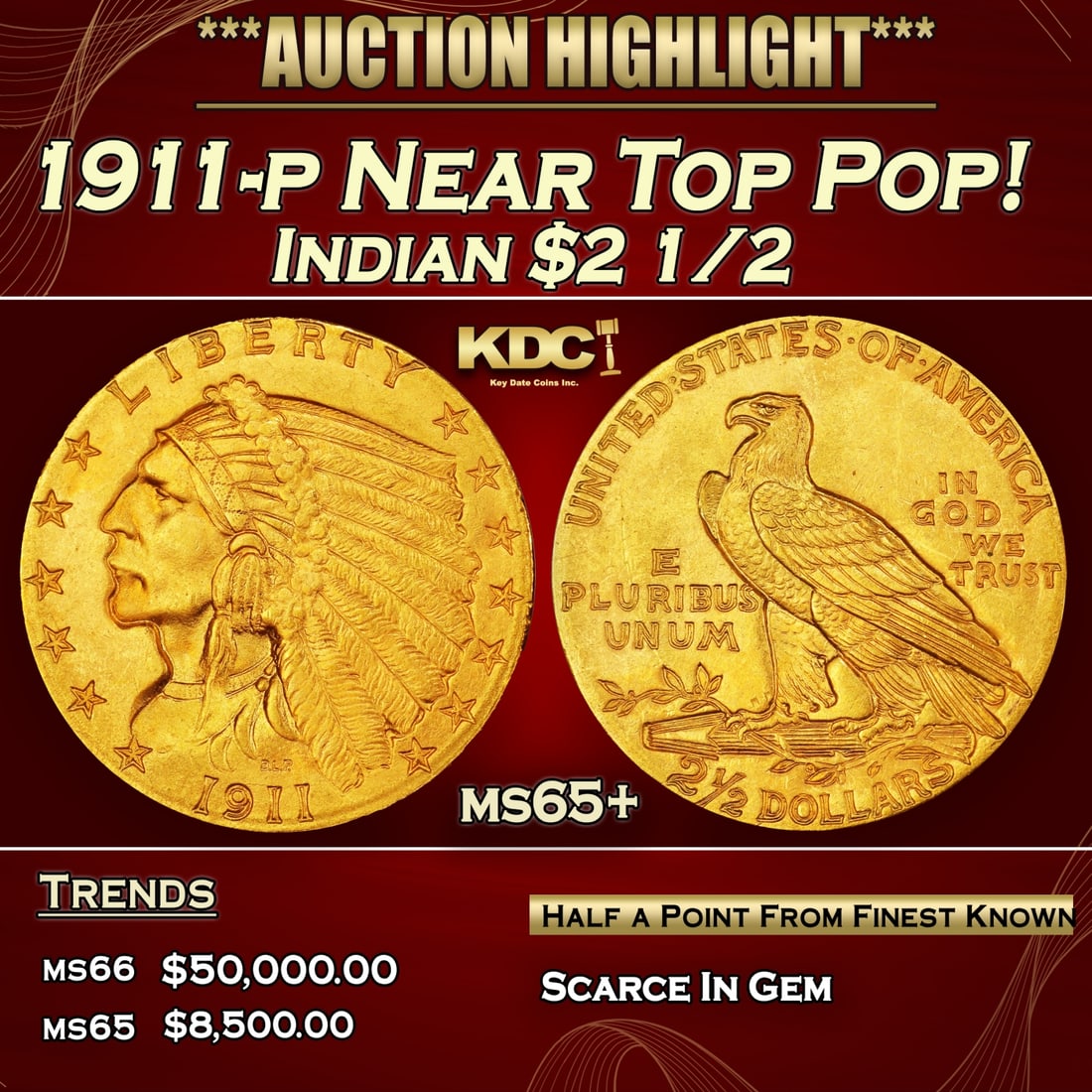 1911-p Gold Indian Quarter Eagle Near Top Pop! $2 1/2 ms65+ SEGS: 1911-p Near Top Pop! Gold Indian Quarter Eagle $2 1/2 ms65+ SEGS.