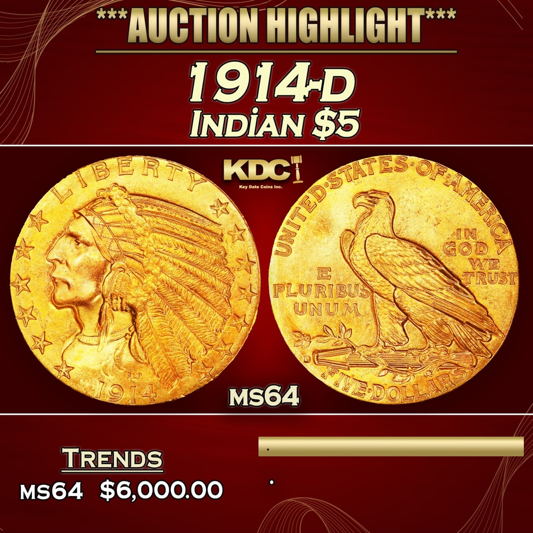 1914-d Gold Indian Half Eagle $5 ms64 USCG (1 of 3)