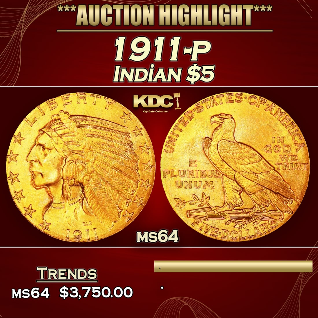 1911-p Gold Indian Half Eagle $5 ms64 USCG (1 of 3)