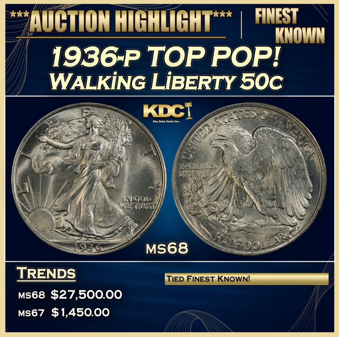 1936-p Walking Liberty Half Dollar TOP POP! 50c ms68 SEGS (1 of 3)