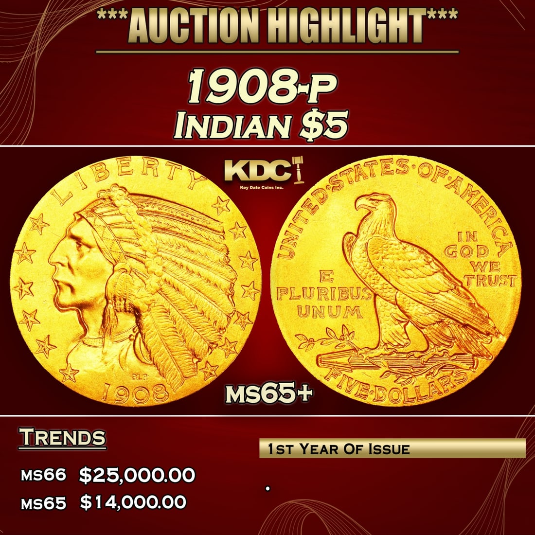 1908-p Gold Indian Half Eagle $5 ms65+ USCG (1 of 3)