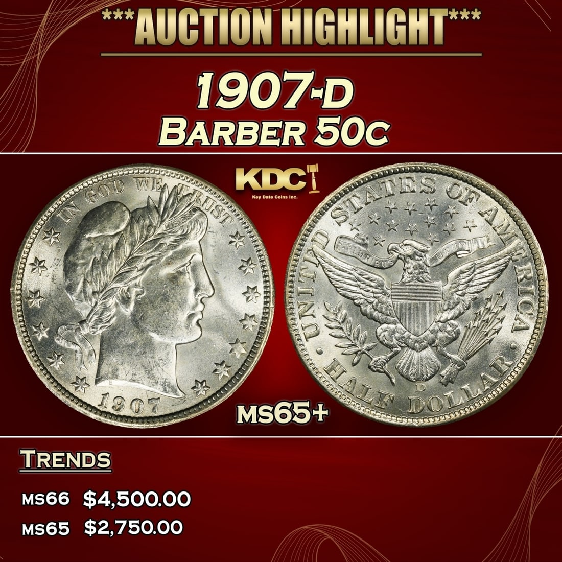 1907-d Barber Half Dollars 50c ms65+ SEGS (1 of 3)