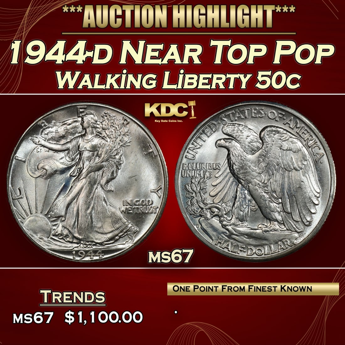 1944-d Walking Liberty Half Dollar Near Top Pop 50c ms67 SEGS (1 of 3)