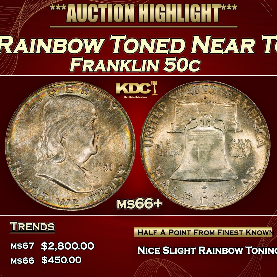 1951-d Franklin Half Dollar Rainbow Toned Near Top Pop 50c ms66+ SEGS (1 of 3)