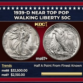 1939-d Walking Liberty Half Dollar Near Top Pop 50c ms67+ SEGS