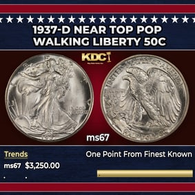 1937-d Walking Liberty Half Dollar Near Top Pop 50c ms67 SEGS