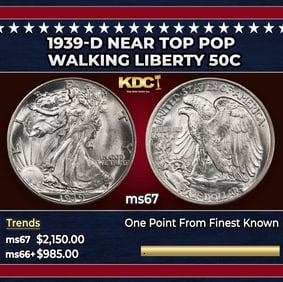 1939-d Walking Liberty Half Dollar Near Top Pop 50c ms67 SEGS