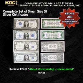 COMPLETE Set of Small Size $1 Silver Certificates 1928 & 1934 "Funnyback" & 1935, 1957 Grades AU/CU