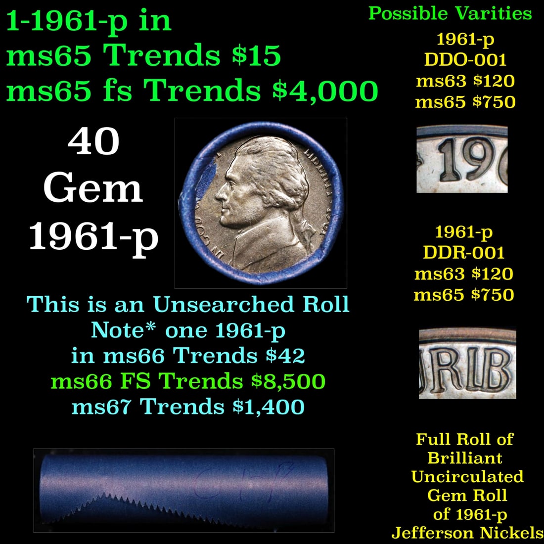 BU Shotgun Jefferson 5c roll, 1961-p 40 pcs Bank $2 Nickel Wrapper (1 of 3)