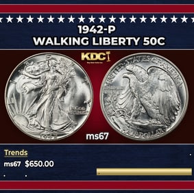 1942-p Walking Liberty Half Dollar 50c ms67 SEGS