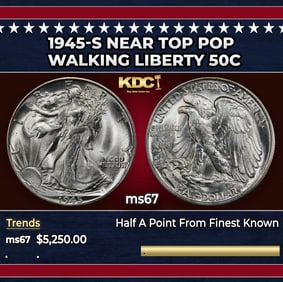 1945-s Walking Liberty Half Dollar Near Top Pop 50c ms67 SEGS