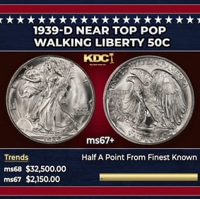 1939-d Walking Liberty Half Dollar Near Top Pop 50c ms67+ SEGS