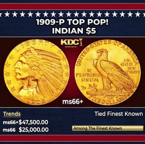 1909-p Gold Indian Half Eagle TOP POP! $5 ms66+ USCG