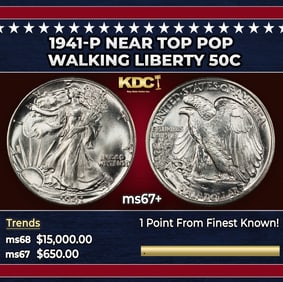 1941-p Walking Liberty Half Dollar Near Top Pop 50c ms67+ SEGS