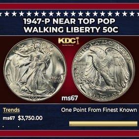 1947-p Walking Liberty Half Dollar Near Top Pop 50c ms67 SEGS