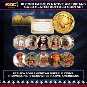 10 Coin 14k Gold Plated Famous Native Americans (American Indians) Gold Plated Buffalo Coin Set