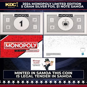 2024 Monopoly Limited Edition 5 gram .999 Fine Silver Foil $1 Note Samoa Other Toy