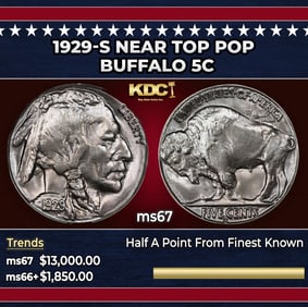 1929-s Buffalo Nickel Near Top Pop 5c ms67 SEGS