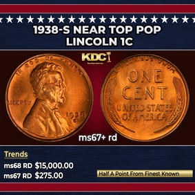1938-s Lincoln Cent Near Top Pop 1c ms67+ rd SEGS