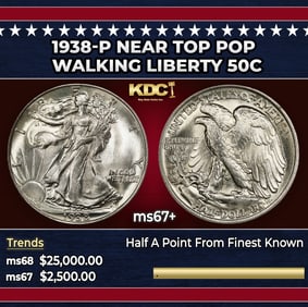 1938-p Walking Liberty Half Dollar Near Top Pop 50c ms67+ SEGS