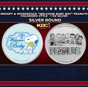 Snoopy & Woodstock "Welcome Baby Boy" Peanuts Colorized Style - 1 oz Silver Round Round