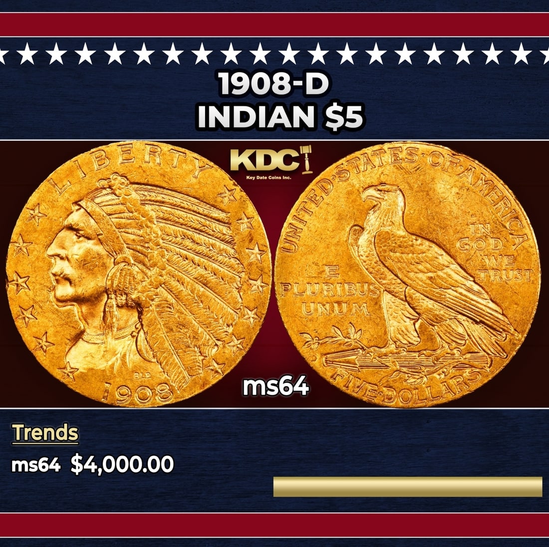 1908-d Gold Indian Half Eagle $5 ms64 USCG (1 of 3)