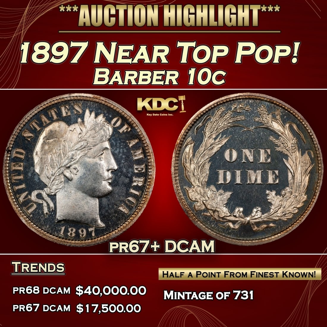 1897 Proof Barber Dime Near Top Pop! 10c pr67+ DCAM SEGS (1 of 3)