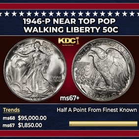 1946-p Walking Liberty Half Dollar Near Top Pop 50c ms67+ SEGS