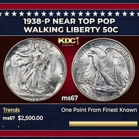 1938-p Walking Liberty Half Dollar Near Top Pop 50c ms67 SEGS