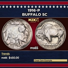 1916-p Buffalo Nickel 5c Grades ms65