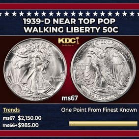 1939-d Walking Liberty Half Dollar Near Top Pop 50c ms67 SEGS