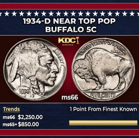 1934-d Buffalo Nickel Near Top Pop 5c ms66 SEGS
