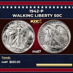1942-p Walking Liberty Half Dollar 50c ms67 SEGS