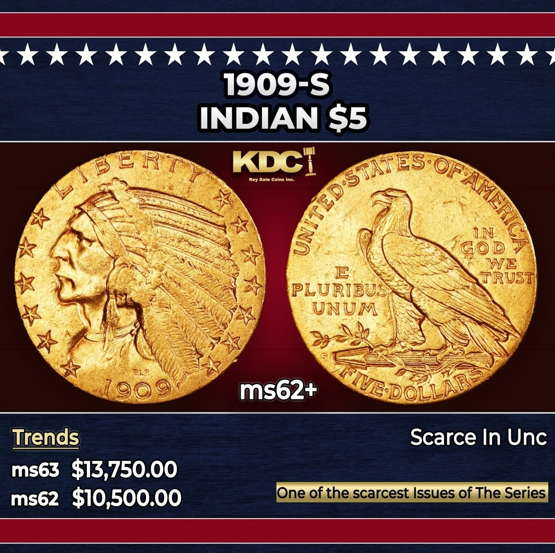 1909-s Gold Indian Half Eagle $5 ms62+ USCG (1 of 3)