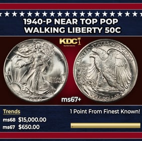 1940-p Walking Liberty Half Dollar Near Top Pop 50c ms67+ SEGS