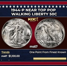 1944-p Walking Liberty Half Dollar Near Top Pop 50c ms67 SEGS