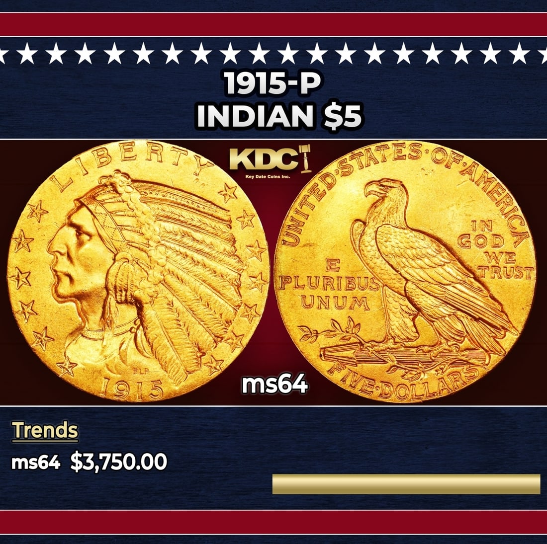 1915-p Gold Indian Half Eagle $5 ms64 USCG (1 of 3)