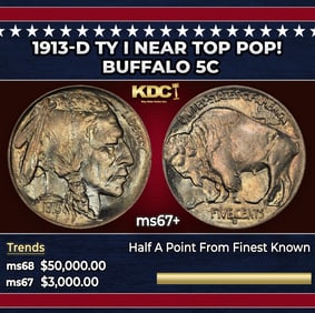 1913-d Ty I Buffalo Nickel Near Top Pop! 5c ms67+ SEGS