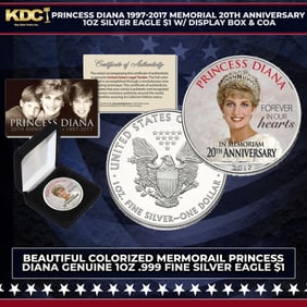 Princess Diana 1997-2017 Memorial 20th Anniversary 1oz Silver Eagle $1 w/ Display Box & COA Other