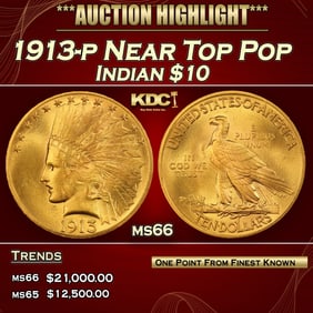 1913-p Gold Indian Eagle Near Top Pop $10 ms66 SEGS